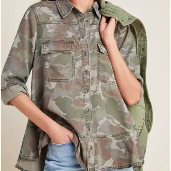 Anthropologie Camo Button Down Shirt Sz 0 Shacket Crop Grunge Combat Streetwear - Picture 2 of 16